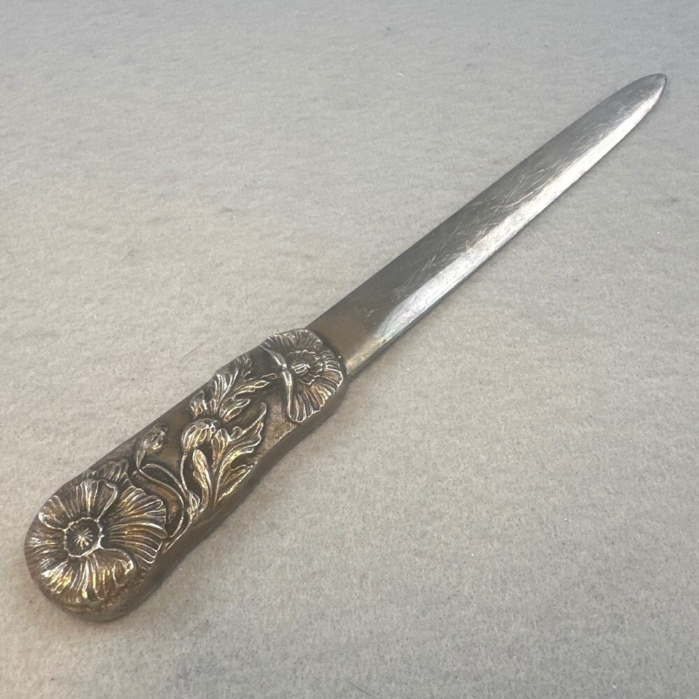 VTG Gorham Floral Letter Opener Art Nouveau Repousse Silverplate Desk Accessory